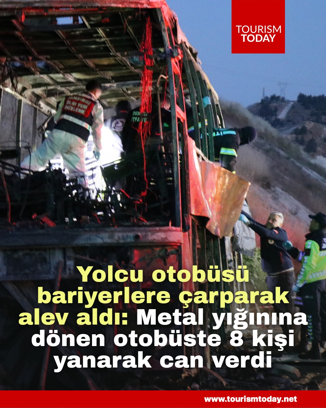 Yolcu otobüsü bariyerlere çarparak alev aldı: Metal yığınına dönen otobüste 8 kişi yanarak can verdi
