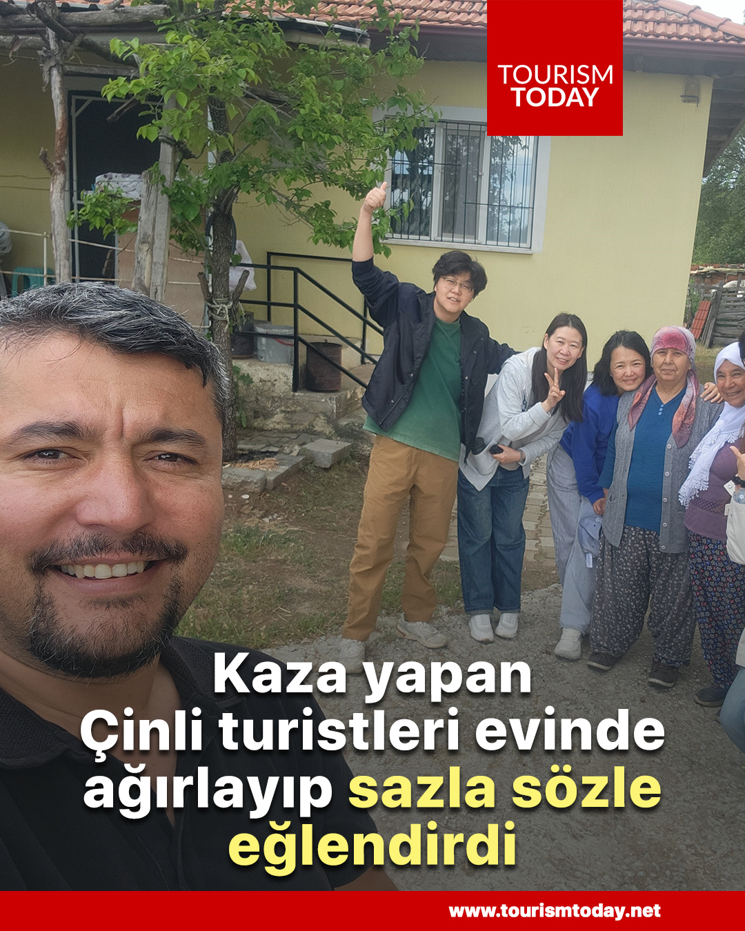 Kaza yapan Çinli turistleri evinde ağırlayıp, sazla sözle eğlendirdi